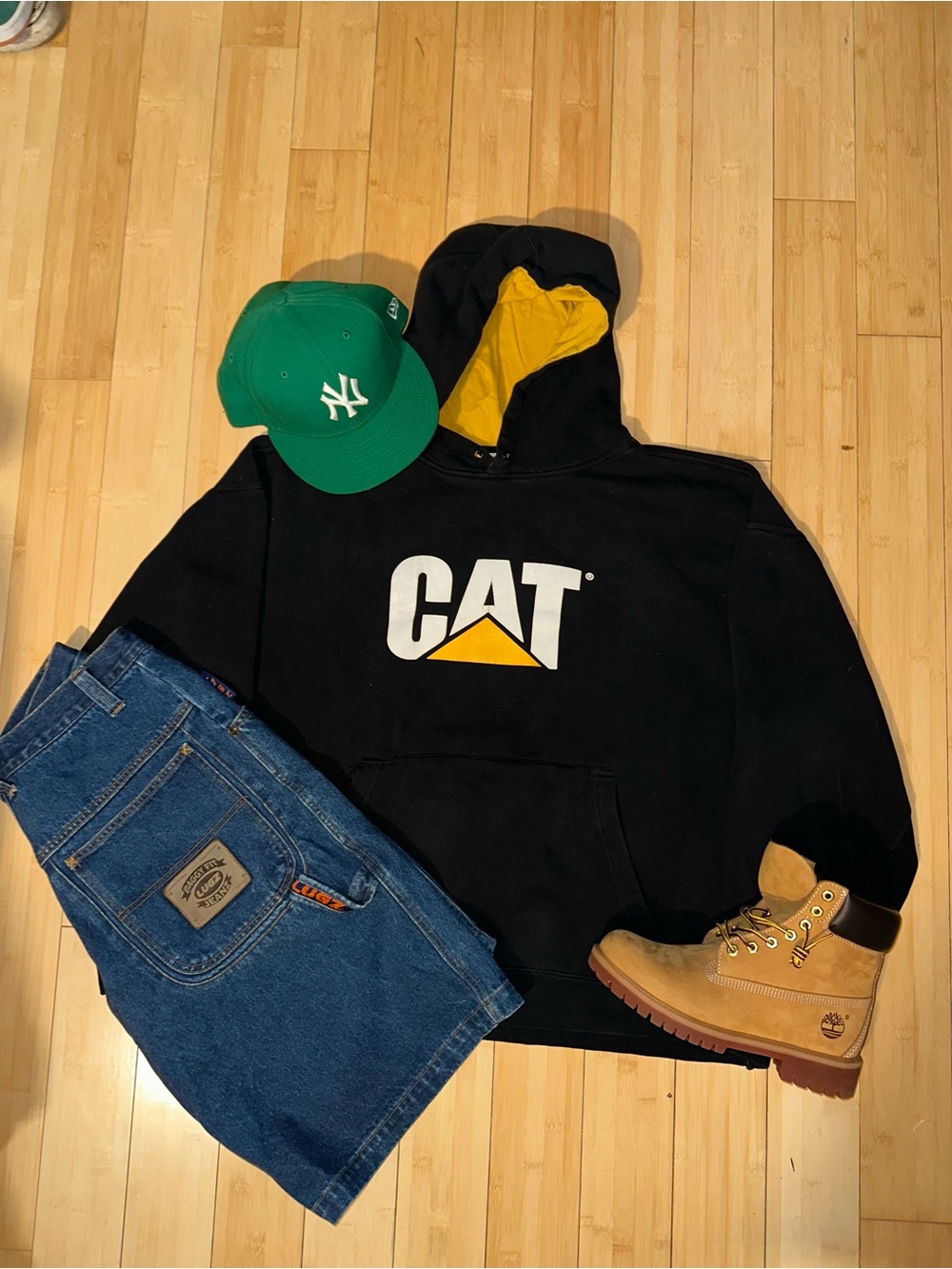 Caterpillar Black Crewneck Hoodie with Yellow Logo and Lining